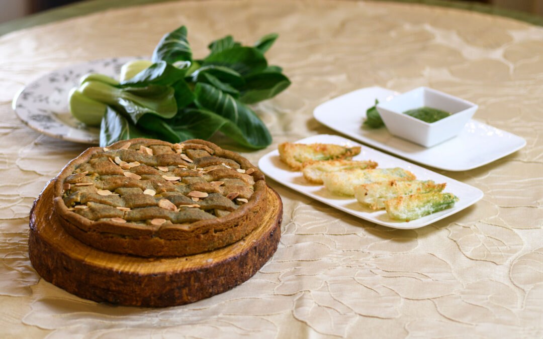 Torta salata in pasta frolla con bok choy cucina vegetariana sana con ingredienti locali a Coassolo nelle Valli di Lanzo