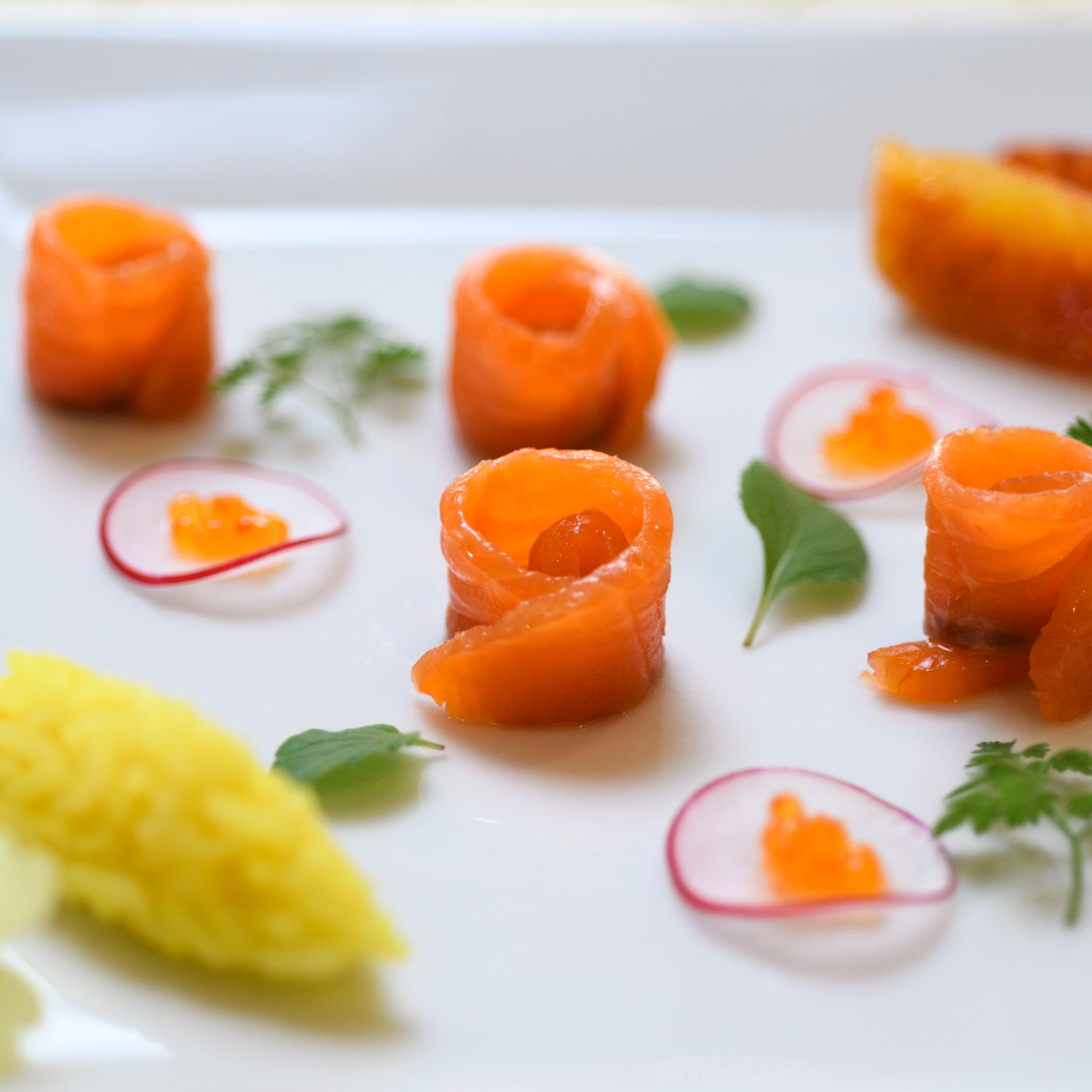 Trota salmonata impiattata con cucina naturale e ingredienti locali nel ristorante a Coassolo vicino Torino